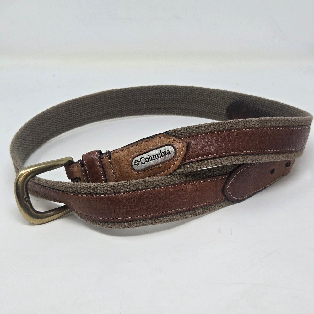 Columbia Mens Brown Leather and Khaki Canvas Belt Size 34 11CO0323